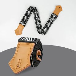 Sangle Guitare Vintage Tissée, Coton et Cuir, Réglable Motif Boho Noir et Blanc pour Guitare Acoustique Électrique