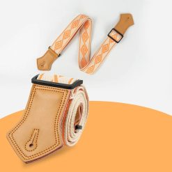 Sangle Guitare Vintage Tissée, Coton et Cuir, Réglable Motif Boho Orange pour Guitare Acoustique Électrique