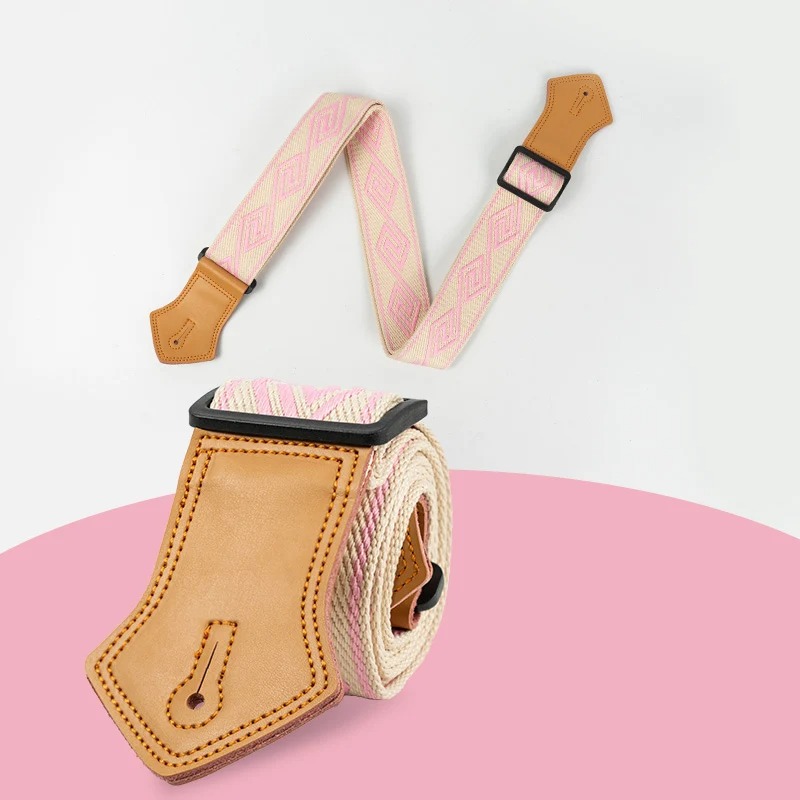 Sangle Guitare Vintage Tissée, Coton et Cuir, Réglable Motif Boho Rose pour Guitare Acoustique Électrique