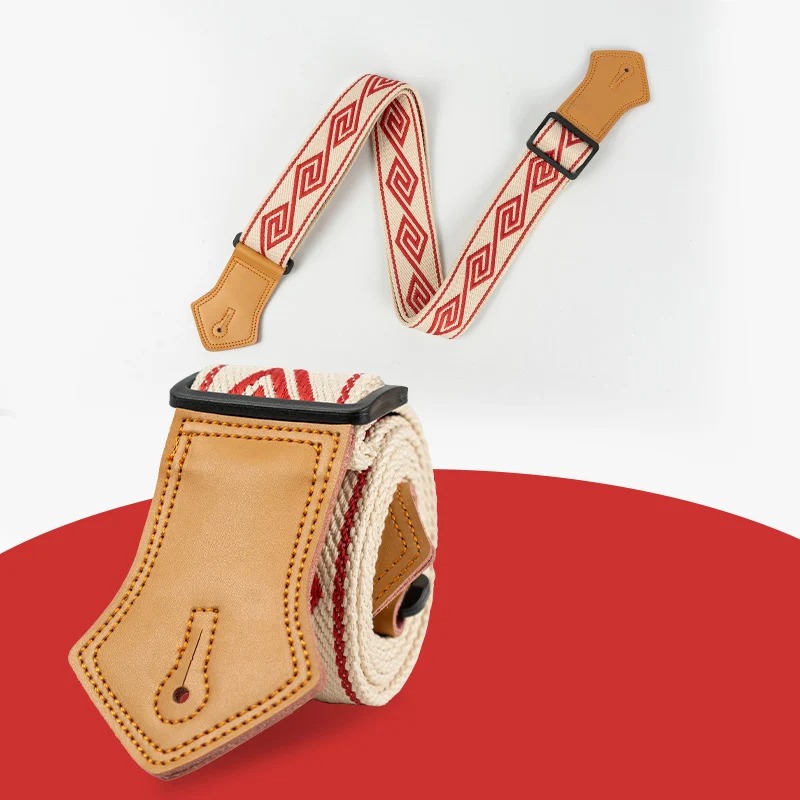 Sangle Guitare Vintage Tissée, Coton et Cuir, Réglable Motif Boho Rouge pour Guitare Acoustique Électrique