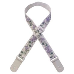Sangle de guitare ivoire avec motifs de papillons lavande et embouts en cuir PU beige.