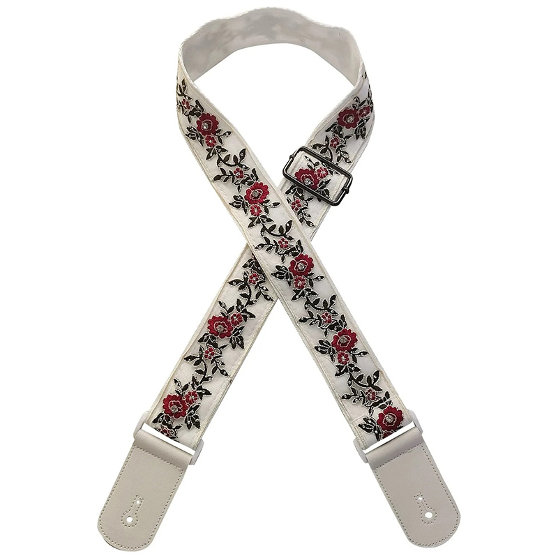 Sangle Guitare électrique Florale Fleurs Rouges Ivoire
