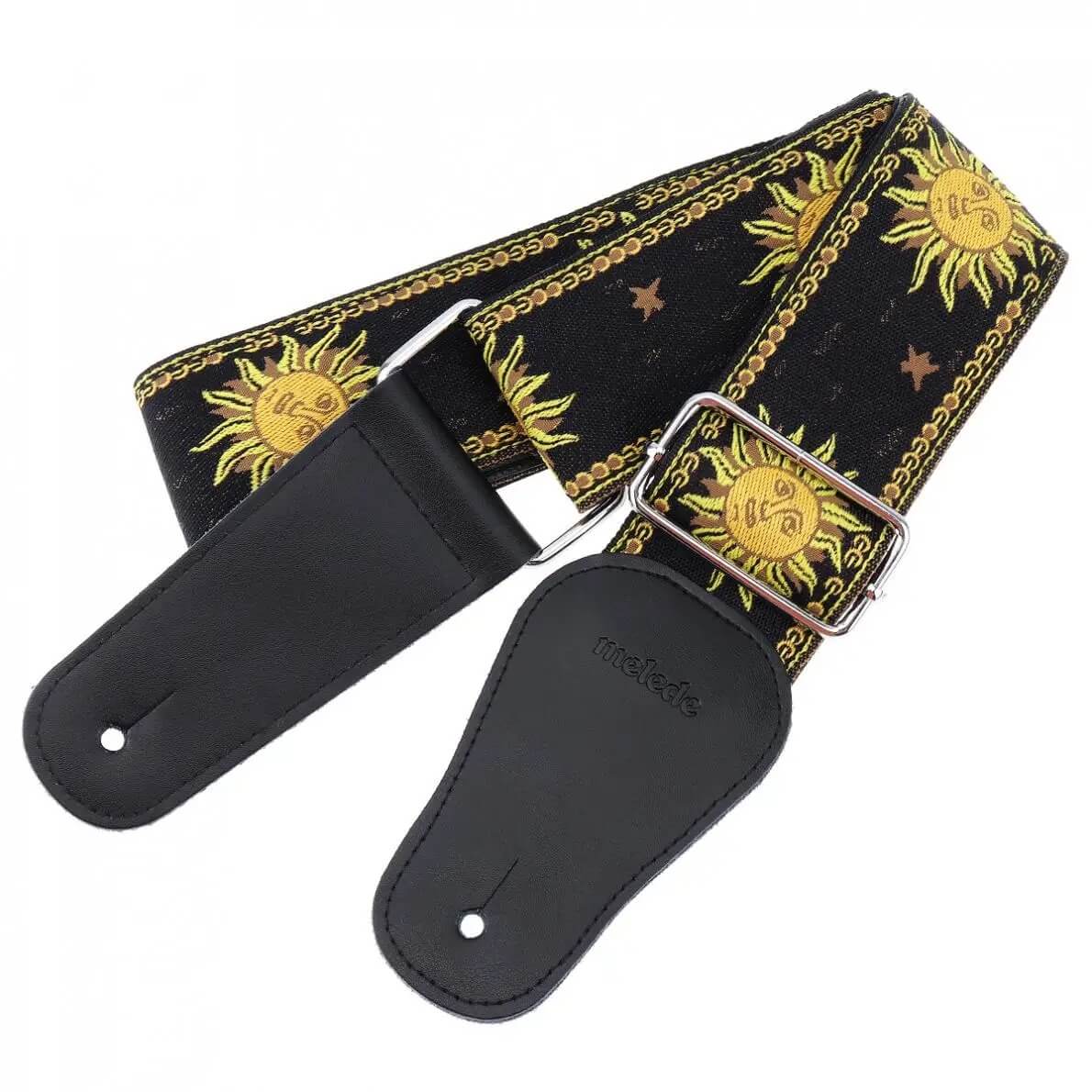 Détails Sangle de guitare électrique avec broderie Jacquard motif soleil - couleur noir