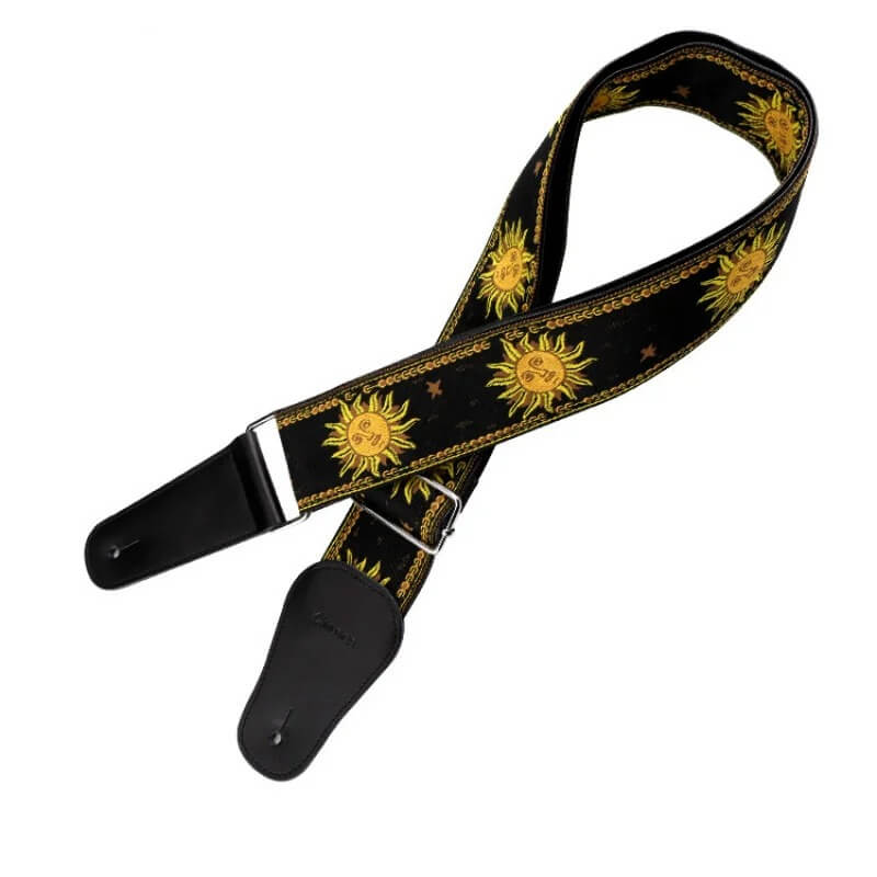 Magnifique Sangle de guitare électrique avec broderie Jacquard motif soleil - couleur noir