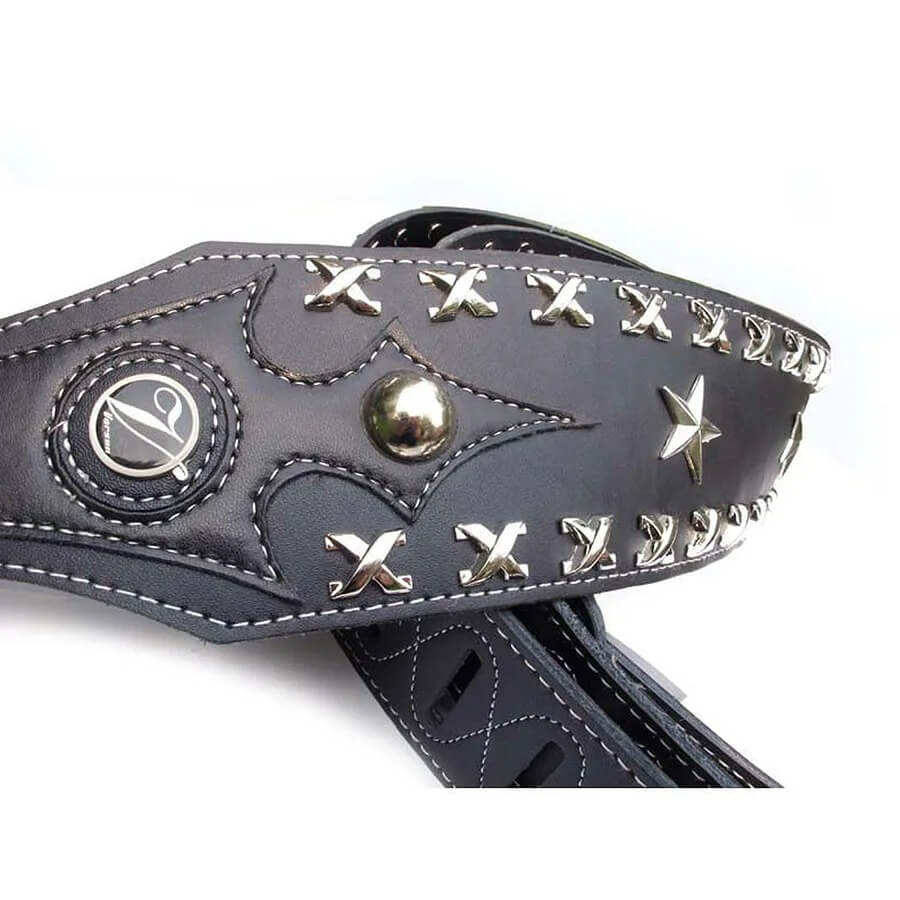 Magnifique Sangle de guitare en cuir motif étoiles en metal