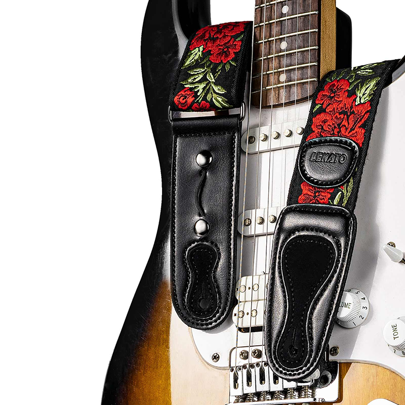 Sangle de guitare Vintage motif rose - 3 couleurs au choix