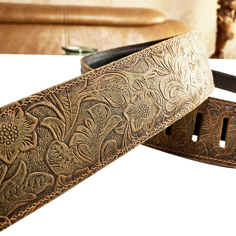 Sangle en cuir marron gaufré pour guitare folk