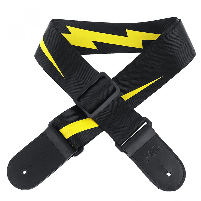 Vue complète sangle réglable pour guitare avec motif de foudre éclair de couleur jaune