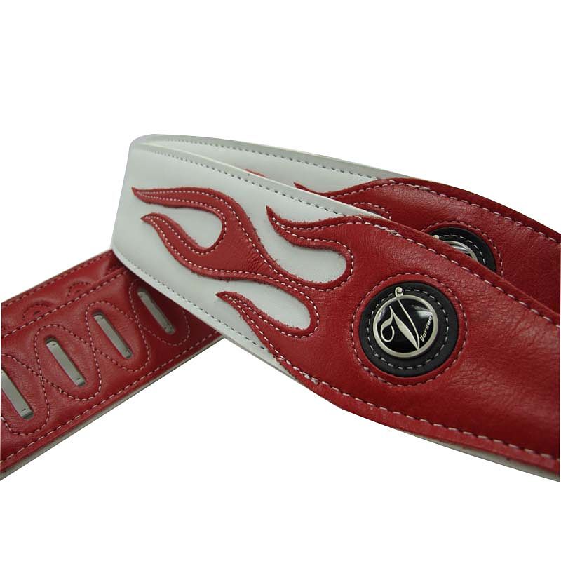 Sangle guitare en cuir pour basses couleur blanc motif flamme rouge