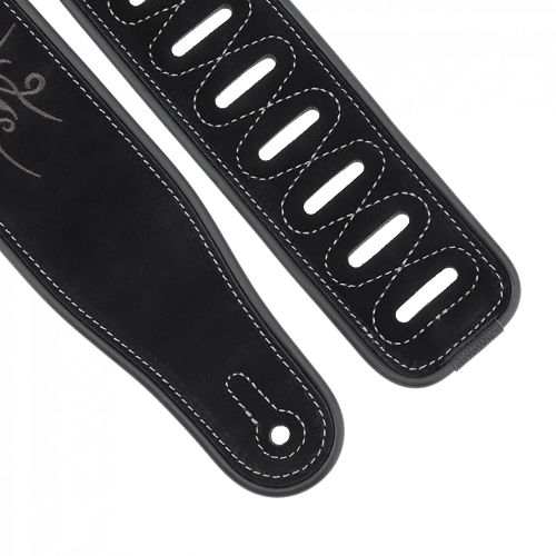 Sangle guitare en cuir noir brodée motif fleur