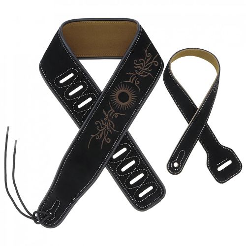 Sangle guitare en cuir noir brodée motif fleur