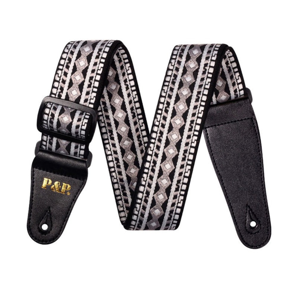 Sangle guitare Vintage fleurs et motifs gris