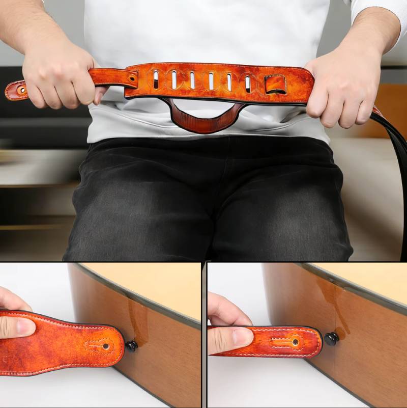 Détails complets de la Sangle de Guitare en Cuir Artisanale “Arabesques du Luthier”
