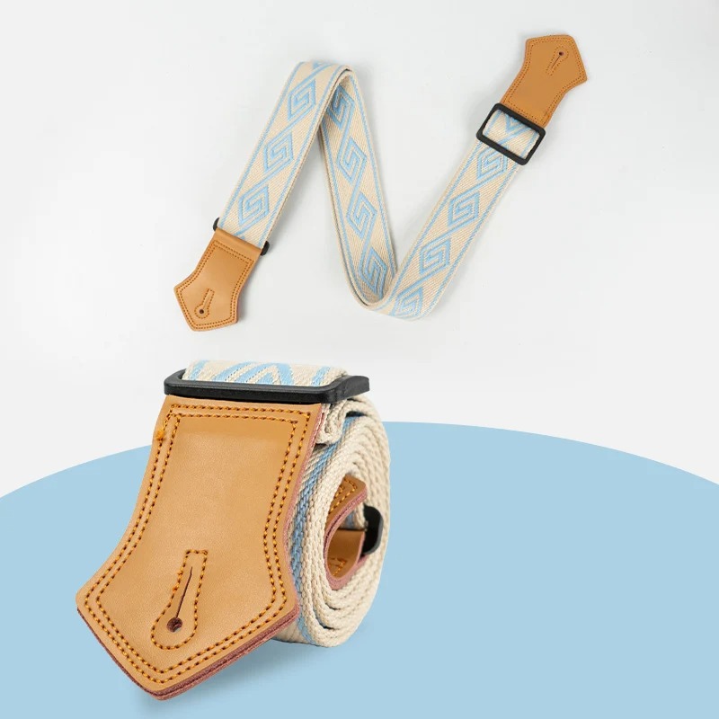 Magnifique Sangle Guitare Vintage Tissée, Coton et Cuir, Réglable Motif Boho Bleu Ciel pour Guitare Acoustique Électrique