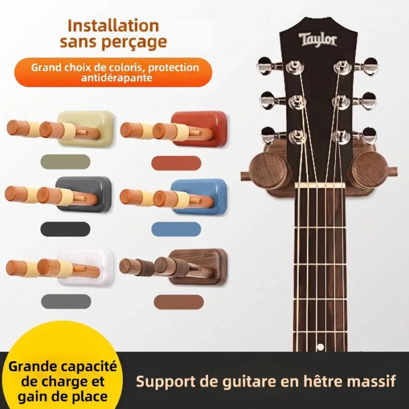 Détails Support Mural Guitare Design Bois Naturel - Base Colorée - 7 couleurs au choix