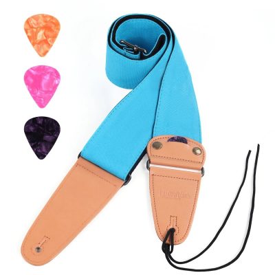 Sangle guitare en coton Cotton Pick bleue avec embouts camel, lacet et médiators