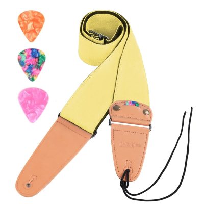 Sangle guitare en coton Cotton Pick jaune avec embouts camel, lacet et médiators
