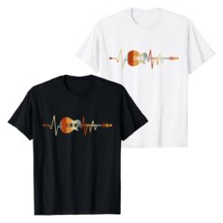 T-shirts guitare Battement Rock noir et blanc, motif guitare électrique rétro dans une ligne de battement de cœur